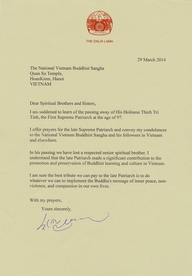Điện thư chia buồn TLHT. Thích Trí Tịnh viên tịch của đức Dalai Lama thứ 14